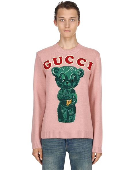 pink gucci sweater wirh grren bear|Gucci pink sweater cardigan.